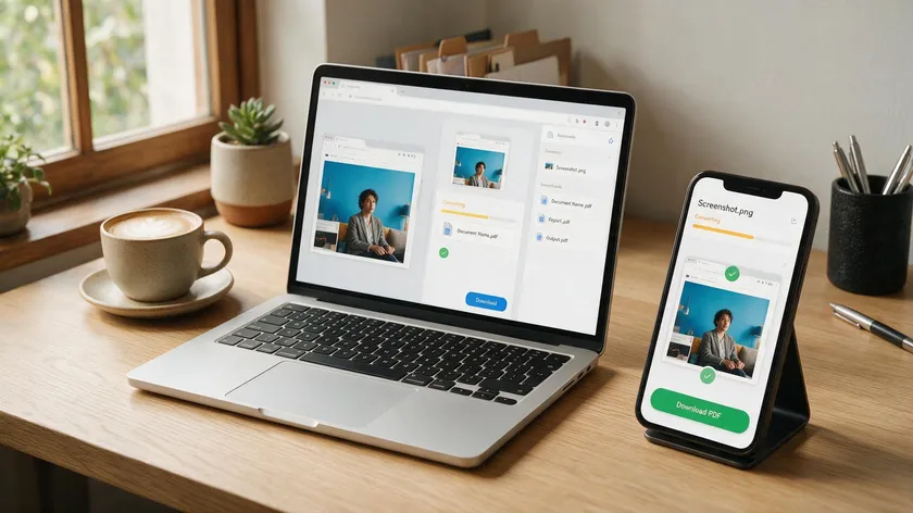 A laptop and smartphone side by side, both showing how to turn screenshot into pdf using a conversion tool.