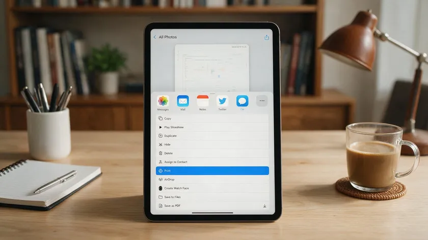 An iPad showing the Photos share sheet with the Print option highlighted to save a screenshot as PDF.