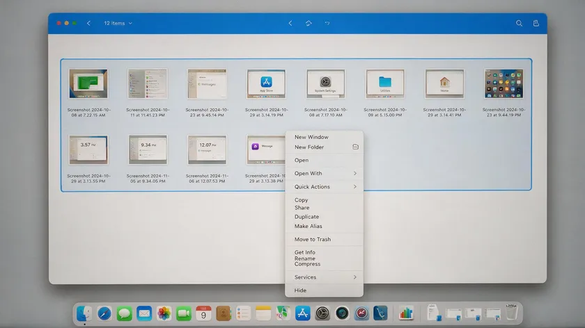 MacBook Finder showing selected screenshots with the Quick Actions right-click menu open.