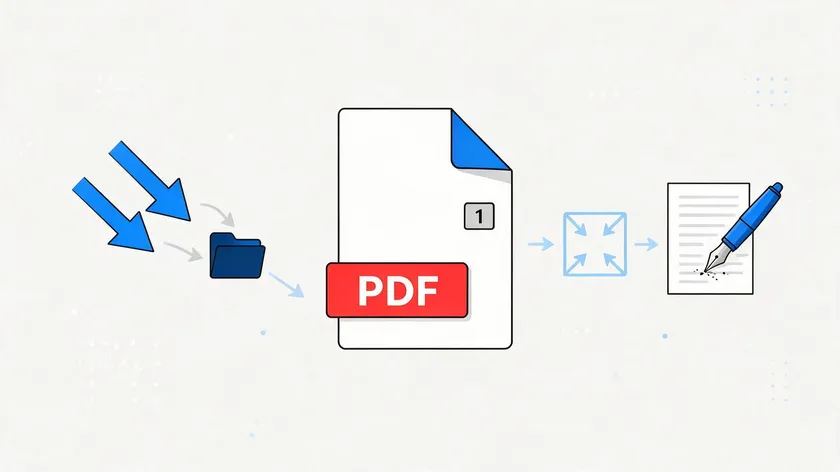 Illustration showing PDF merge, compress, and sign icons representing post-conversion editing tools.