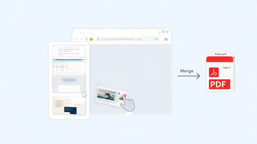 Illustration of multiple screenshots merging into a single PDF file through an online browser tool.