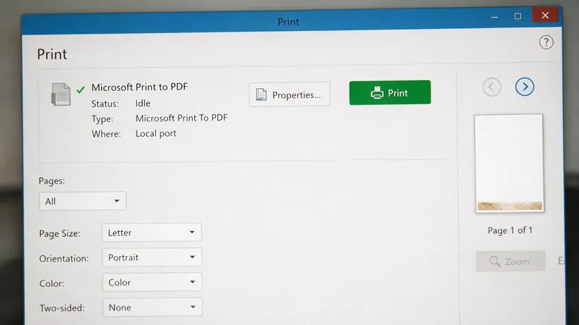 Windows Print dialog with Microsoft Print to PDF selected, the fastest way to turn screenshot into pdf on Windows.