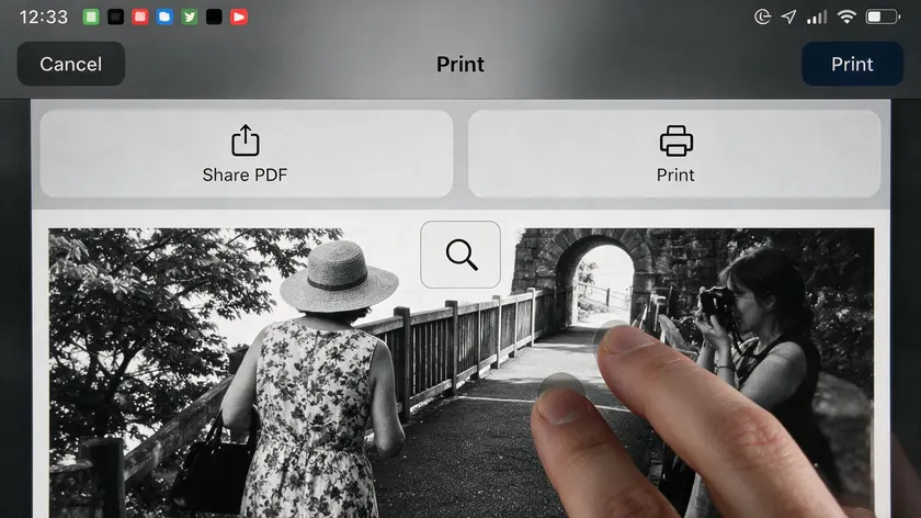 Close-up of the iPhone Photos app print preview, showing how to save image as PDF on iPhone with the pinch-to-zoom trick.