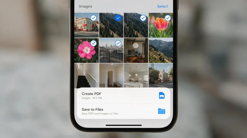 Files app screen with Create PDF option selected, showing how to save image as PDF on iPhone from stored photos.