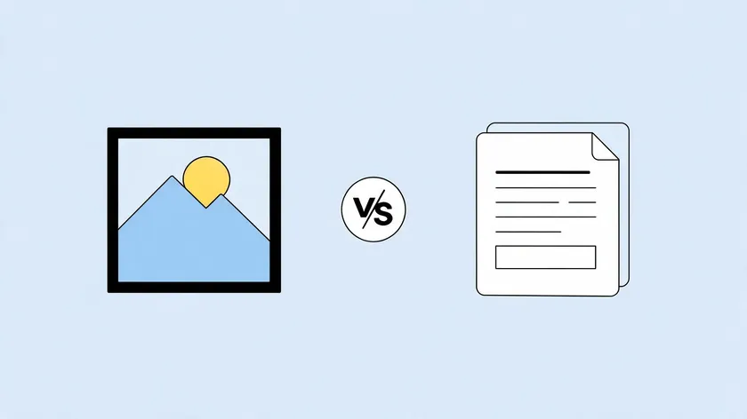 A simple icon comparison with an image on one side and a document on the other, visually summarizing the jpeg vs pdf core differences.