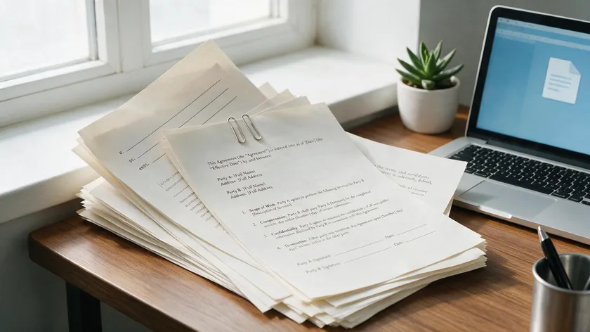 A multi-page contract with a signature line next to a laptop, representing the document side of the jpeg vs pdf comparison.