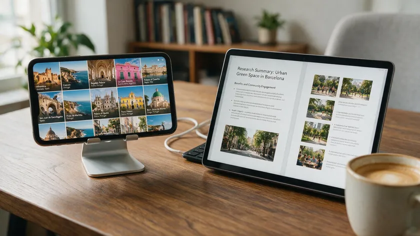 A phone showing a photo gallery next to a tablet displaying a document, illustrating a real workflow that mixes jpeg vs pdf files together.