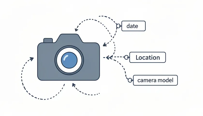 Illustration of a camera icon connected to labeled tags reading date, location, and camera model, representing EXIF metadata embedded in JPG files.