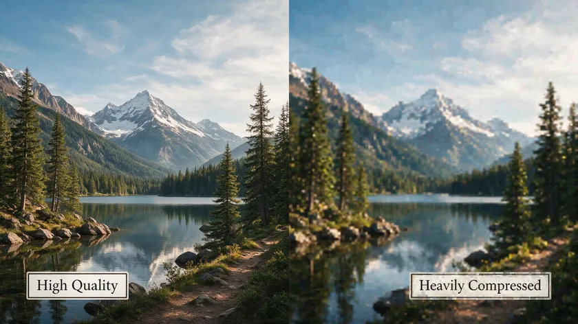 Split comparison of a high quality landscape photo next to a heavily compressed, pixelated version, showing JPG image quality trade-offs.