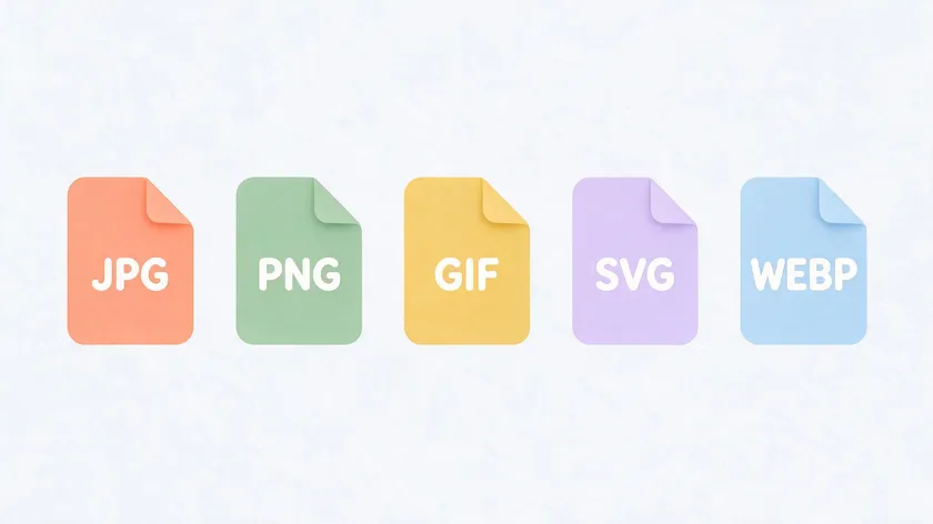 Row of five colorful file-format icons labeled JPG, PNG, GIF, SVG, and WEBP, representing the main image file types compared to JPG.