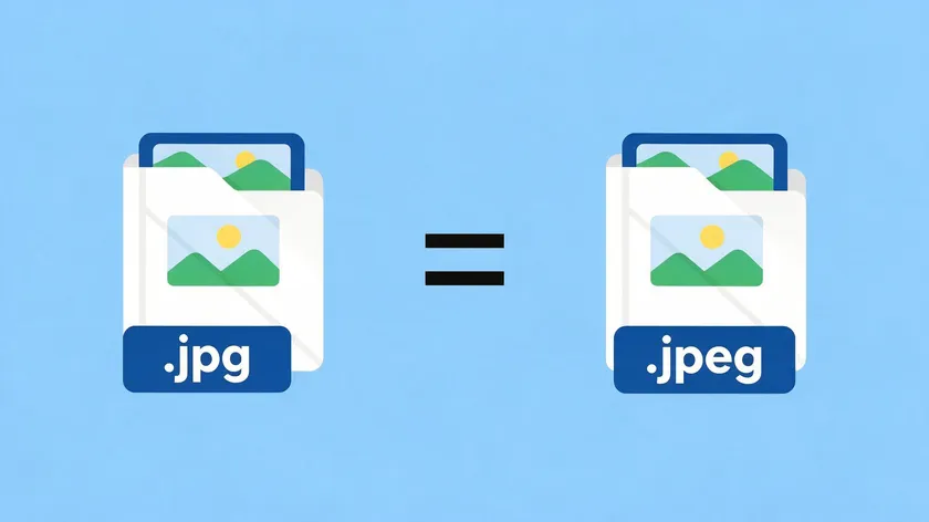 Side-by-side comparison of a .jpg file icon and a .jpeg file icon connected by an equals sign, showing that both extensions represent the same format.
