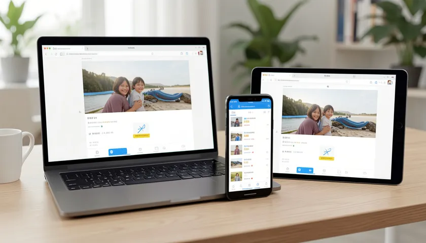 A laptop, smartphone, and tablet side by side, each displaying the same photo open in a default image viewer app.