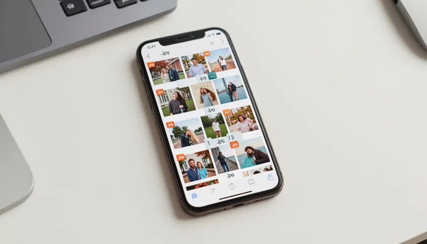 A smartphone displaying a grid of photo thumbnails, illustrating what is a JPG file and how common the format is in everyday photography.