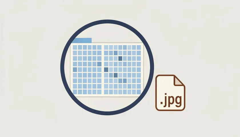 Illustration showing a magnified image made of visible square pixels next to a .jpg file icon, representing what a JPG file is at the pixel level.