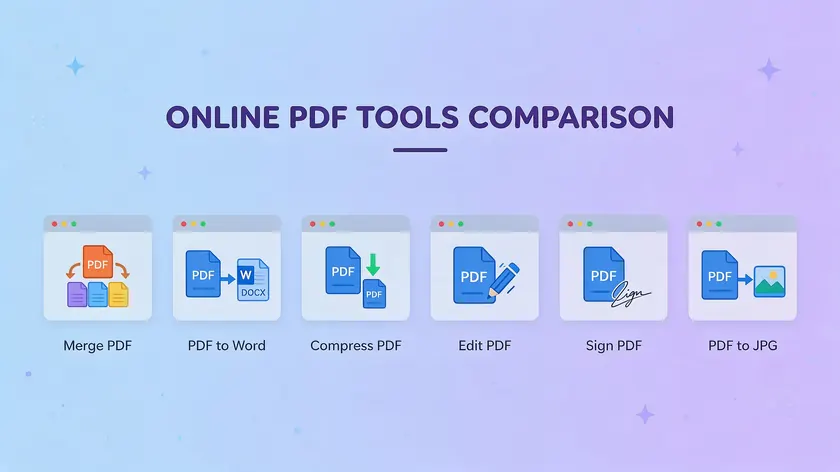 Flat illustration comparing several online PDF tools side by side, including merge, edit, sign, and convert options.