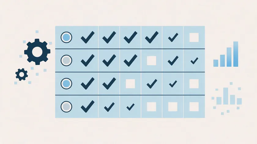 Flat illustration of a checklist-style comparison chart with checkmarks across multiple rows and columns.