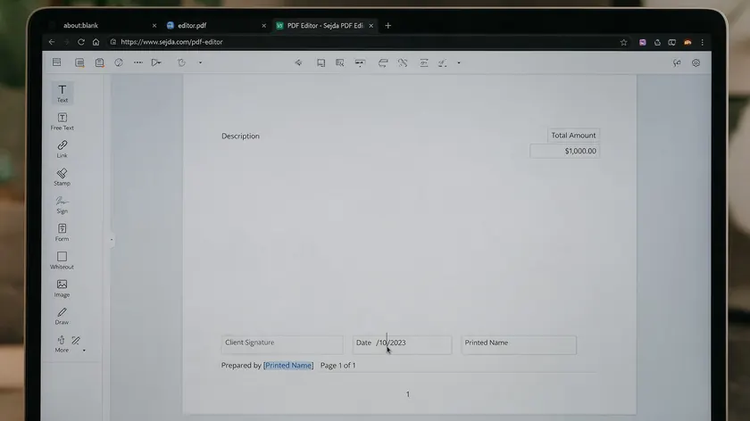 Close-up of a laptop screen showing text being edited directly inside a browser-based PDF editor, no installed software.