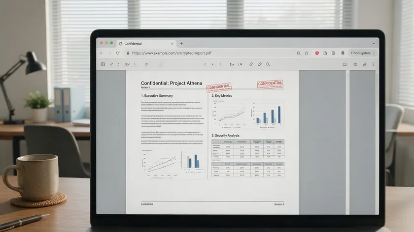 A laptop screen shows a PDF document with a padlock icon near the browser address bar, indicating a secure encrypted connection.