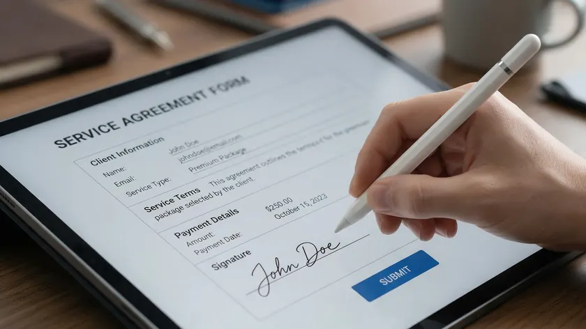 Close-up of a hand using a stylus to draw a signature directly onto a form on a tablet screen.