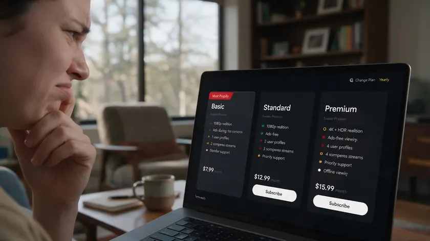 A person looks at an Adobe Acrobat subscription pricing page on a laptop with a frustrated expression.
