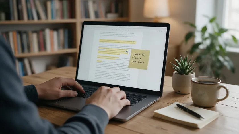 Person reviewing a document on a laptop with highlighted text and a sticky-note comment visible on screen.