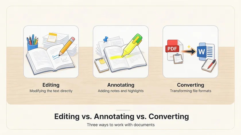 Three icons showing a pencil editing text, a highlighter marking a page, and an arrow converting a file, comparing editing, annotating, and converting a PDF.