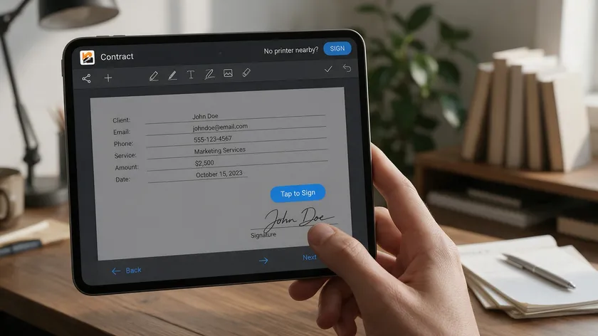 A hand holding a smartphone with a PDF editing app open, signing a document with a fingertip.