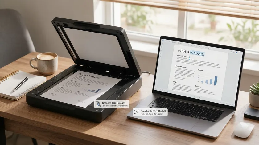 A scanned paper document beside a laptop showing selectable digital text, illustrating the difference between a scanned and searchable PDF.