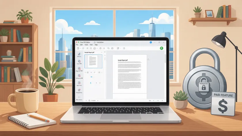 A laptop with a free PDF tool icon next to a locked premium icon, representing budget-friendly alternatives for editing a PDF without Adobe.