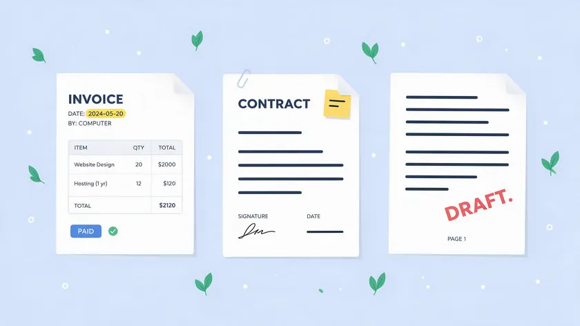 How to add text to a PDF, illustrated across common document types: an invoice, a signed contract, and a draft.