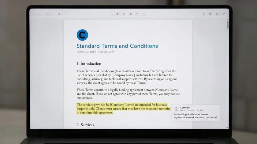 Laptop screen showing a document with a highlighted paragraph and an attached comment bubble, combining PDF highlighting with other annotation tools.