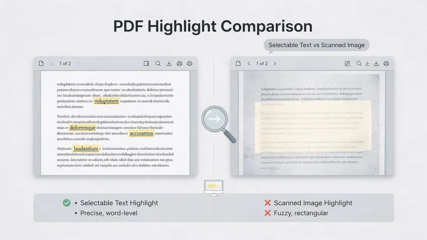 Side-by-side comparison graphic showing a crisp highlighted selectable-text PDF versus a fuzzy highlight on a scanned PDF image.