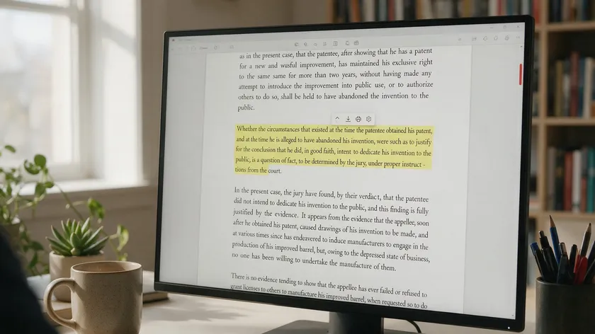 Desktop monitor in a home office showing a document with a yellow-highlighted paragraph, demonstrating how to highlight text in a PDF on desktop.