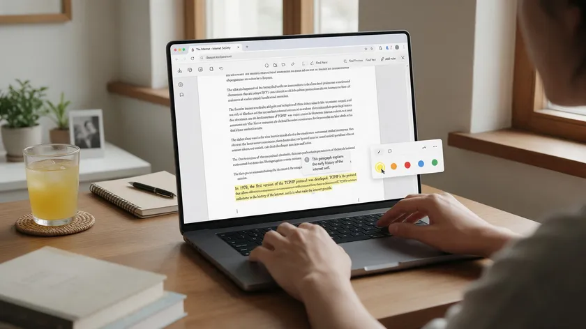 Person at a laptop using pdfapp.com's browser-based highlight tool, with a color picker toolbar open to highlight a paragraph.