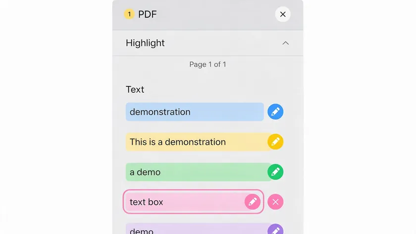 Highlight annotation sidebar showing colored text snippets with edit and delete icons, illustrating how to manage highlights in a PDF.