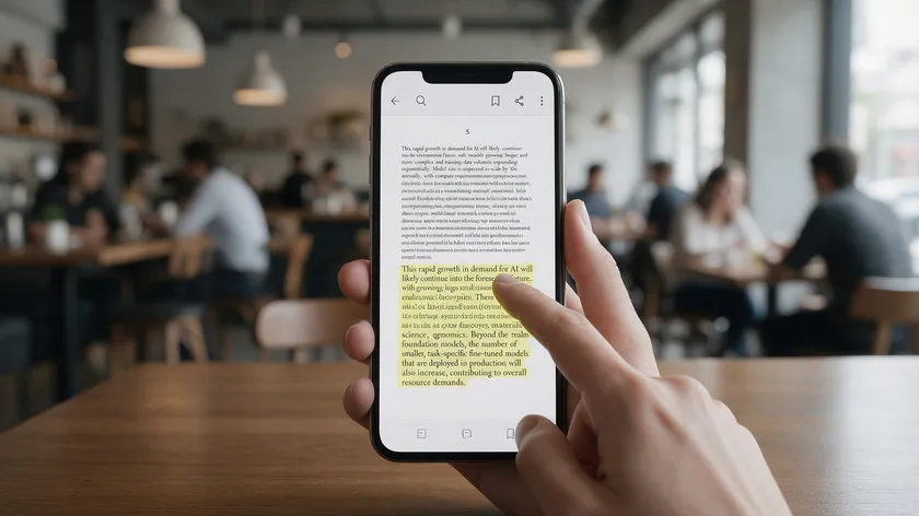 Hand holding a phone in a cafe, touching yellow-highlighted text on a PDF, showing how to highlight a PDF on mobile devices.