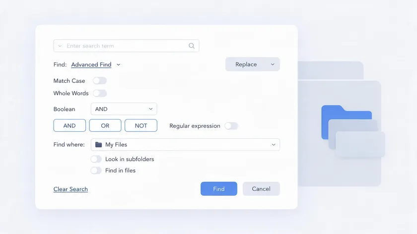 Advanced search dialog with Match Case, Whole Words, and Boolean AND, OR, NOT toggles, illustrating advanced options for searching keywords in a PDF.