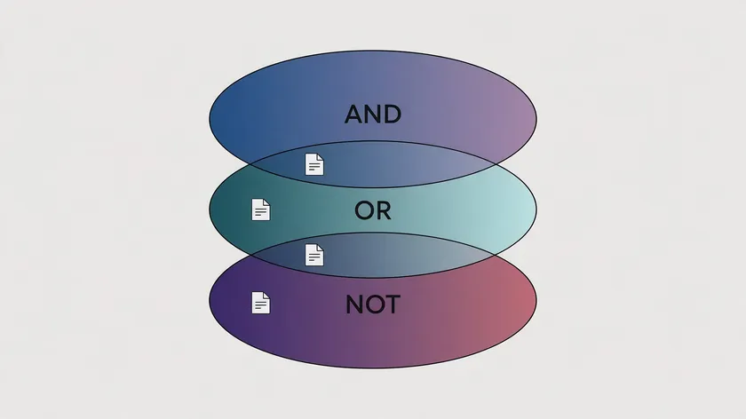 Venn diagram illustrating AND, OR, and NOT boolean search logic with document icons, used to refine how you search for keywords in a PDF.
