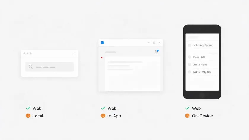 Icons comparing browser, desktop, and mobile search environments, summarizing the best way to search for keywords in a PDF on each device.