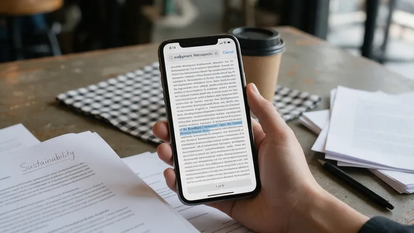 Hand holding a smartphone with a search bar open over a document at a cafe table, showing how to search for keywords in a PDF on mobile.