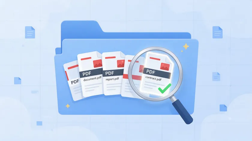 Folder of PDF file icons with a magnifying glass scanning across them and one document checked, illustrating searching keywords across multiple PDFs at once.