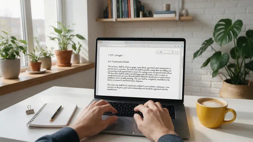 Person typing on a laptop with a search box open over a document, showing the quickest way to search for keywords in a PDF.