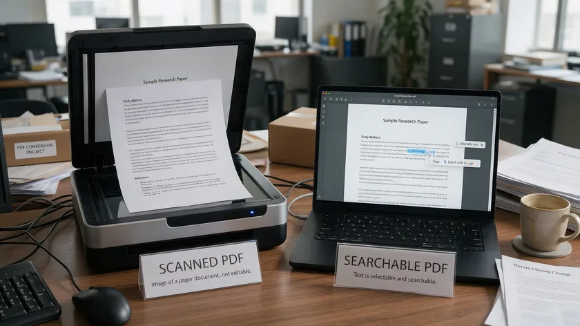 A scanned paper document next to a laptop showing selectable digital text, comparing a scanned PDF with a searchable PDF.