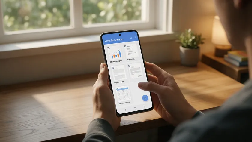 Person browsing a Work Documents folder of PDF files in the Files app on an Android phone