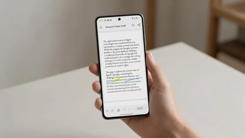 Hand holding an Android phone with a PDF open in Chrome, showing a pen mark and a yellow highlight on the page