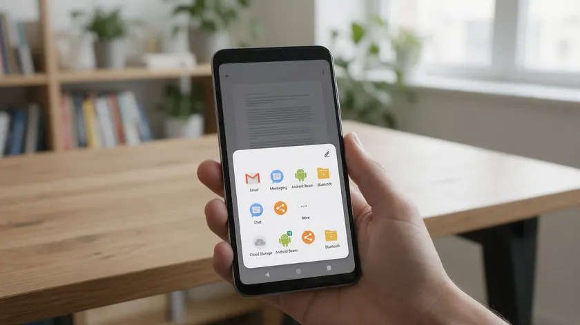 Android share menu with email, messaging, and cloud storage options open over an edited PDF