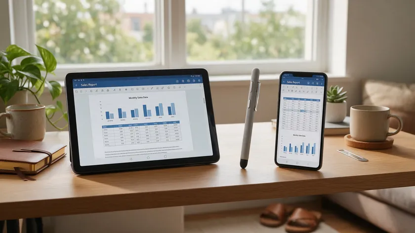 Android tablet and phone on a desk showing a sales report PDF, with a stylus standing between them