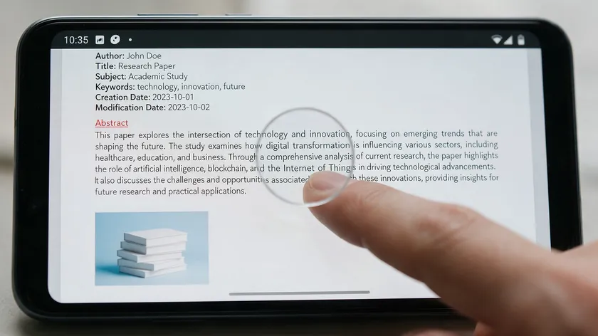 Fingertip pointing at a line of text on a PDF page on an Android phone to edit existing text