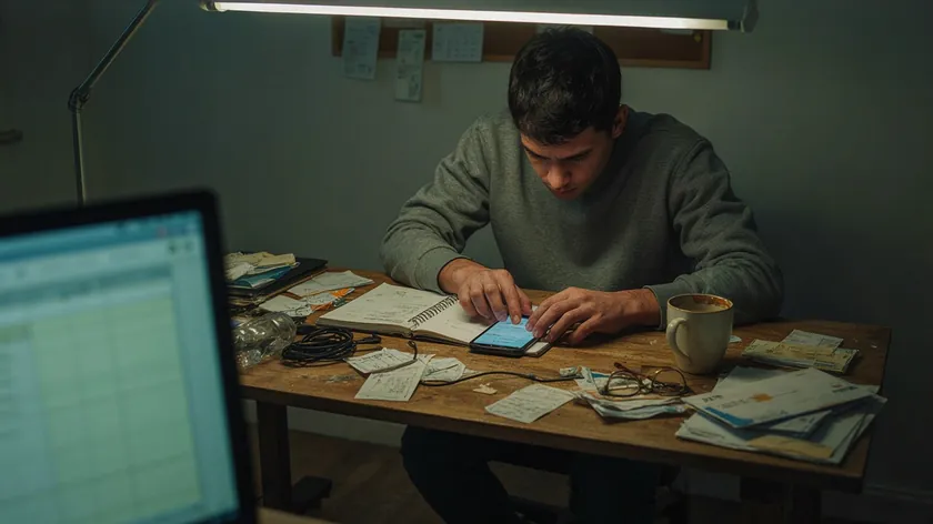 Person working through paperwork on an iPhone at a cluttered desk with a coffee cup nearby