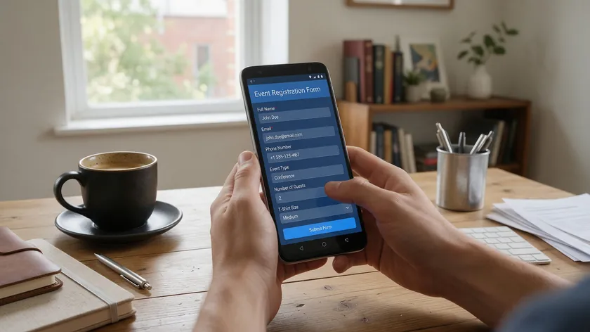 Person filling out an event registration form on an Android phone at a desk, with fillable fields on the screen